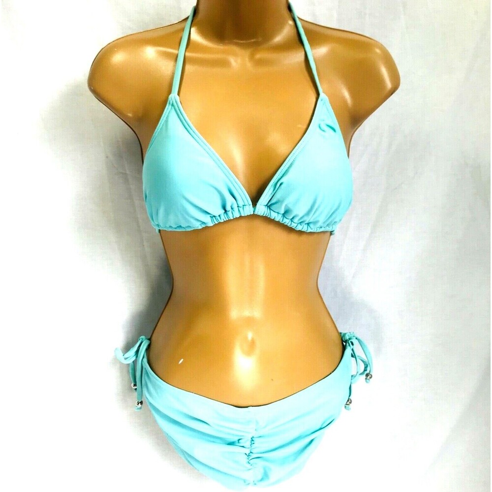 InGear Bikini S Women Swimwear Turquoise Blue Teal Rouched Halter Bathing Suit